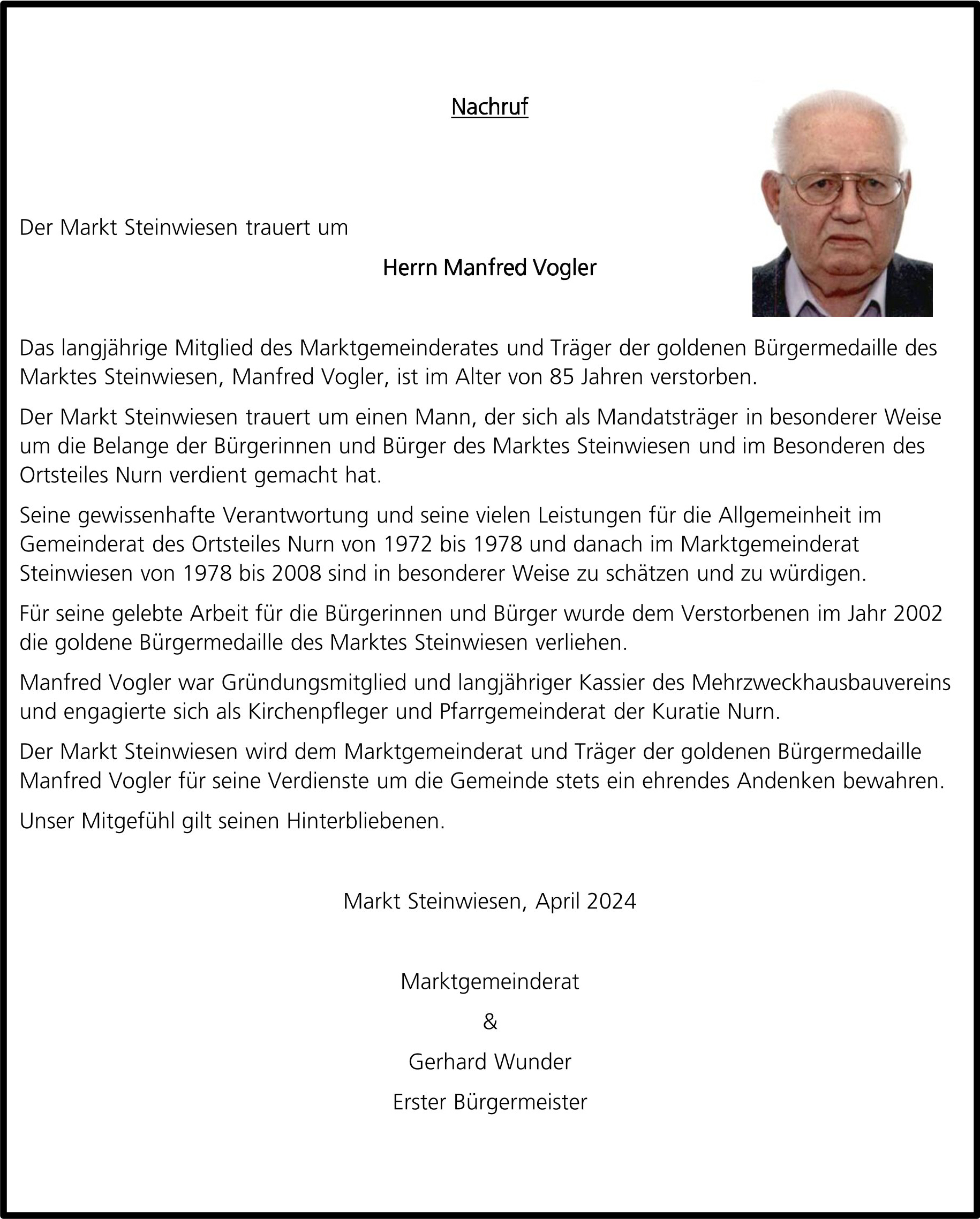 Nachruf Herr Manfred Vogler