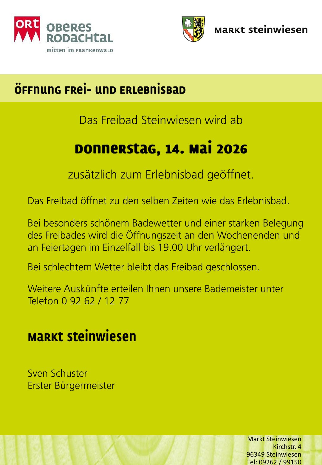 Öffnung des Freibads Steinwiesen