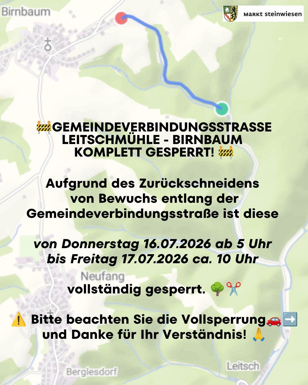 Straßensperrung GVS Leitschmühle Birnbaum