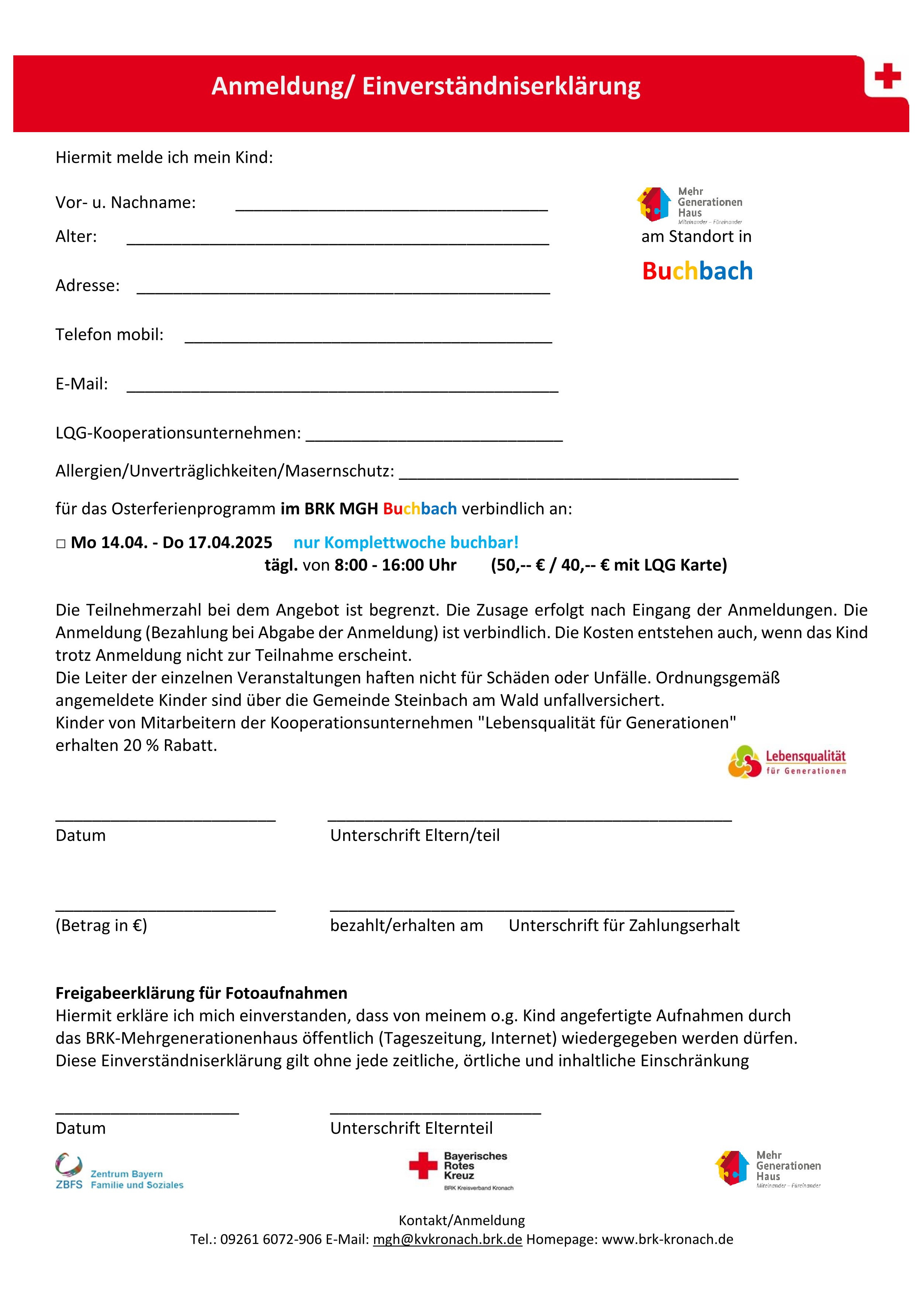Oster-Ferienprogramm BRK Anmeldung