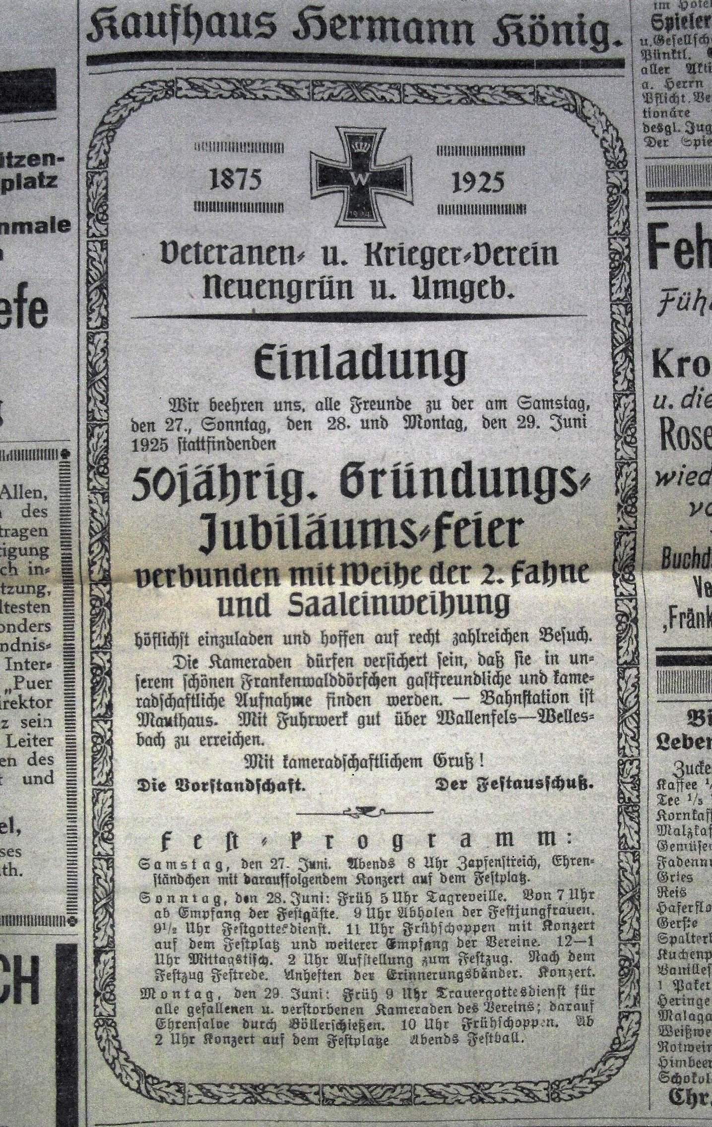 50. Gründung 1925: Anzeige in der Zeitung 1925  Foto: Archiv/Ludwig Dietz