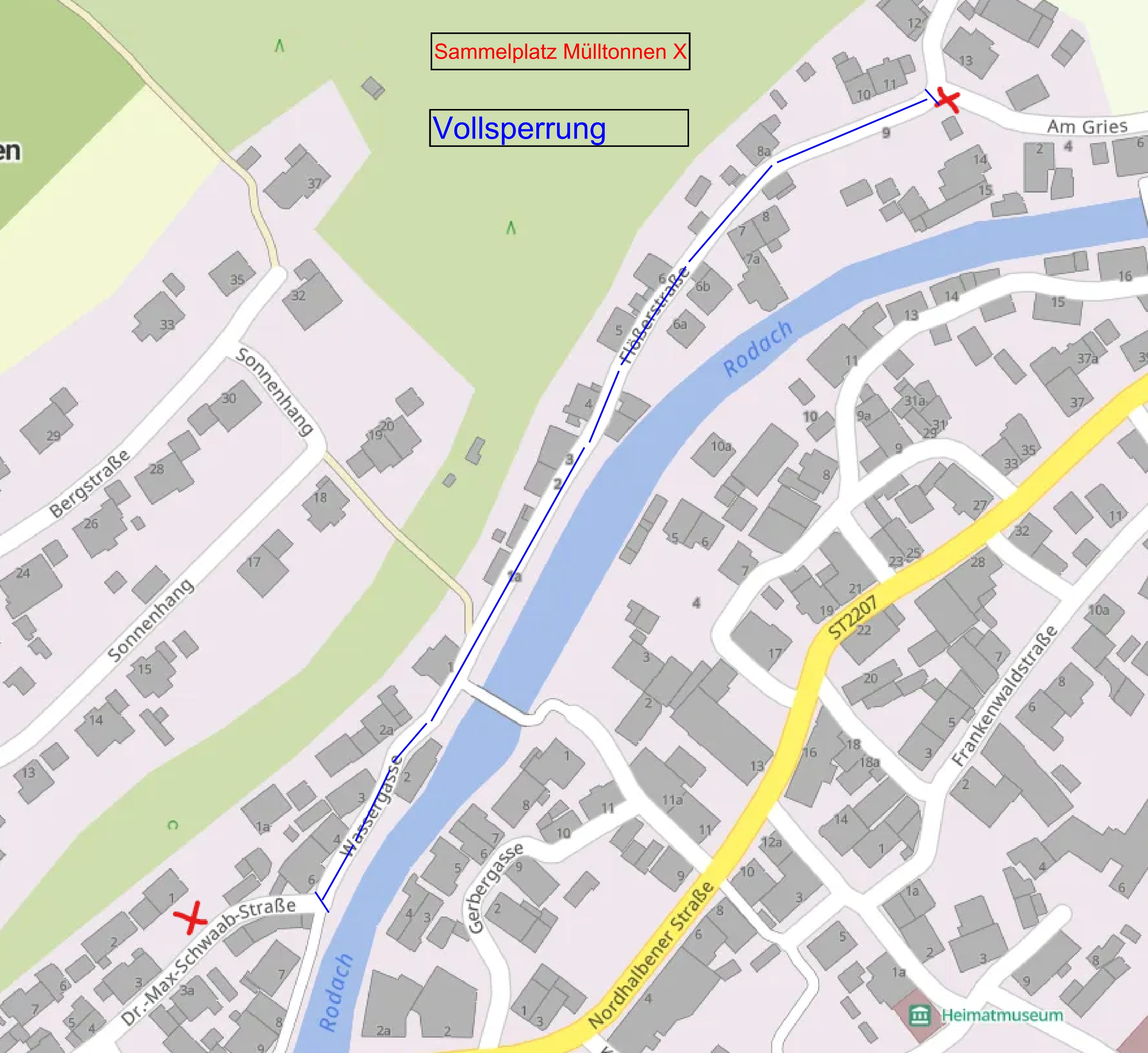 Vollsperrung in Flößerstraße und Wassergasse