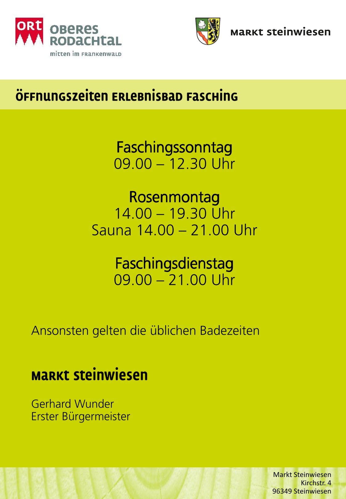 Öffnungszeiten Fasching